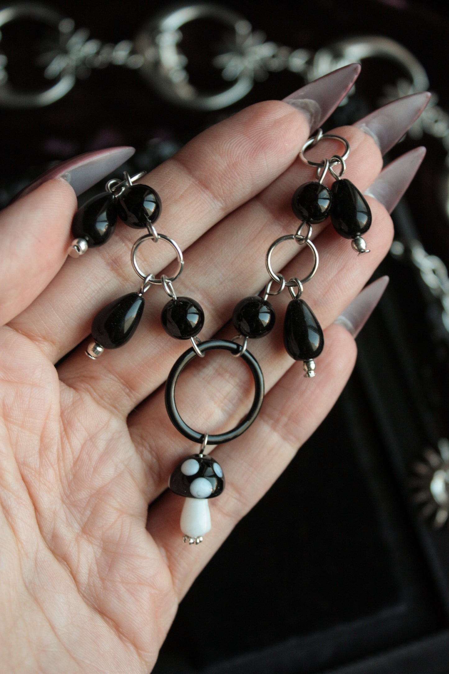 Black Mushroom Beaded Necklace